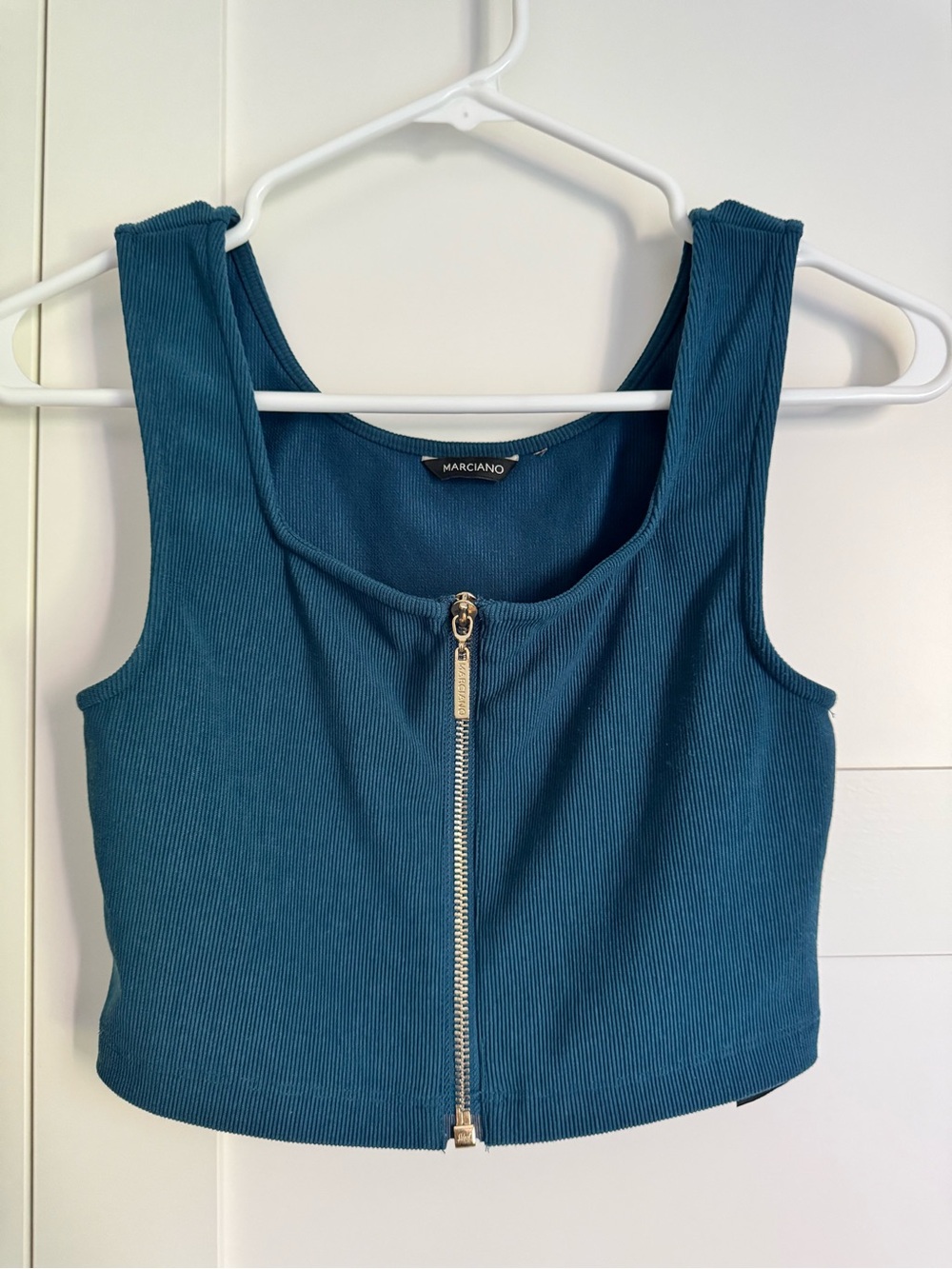 Marciano Guess Teal Ribbed Zip Front Crop Top XS Gold Hardware